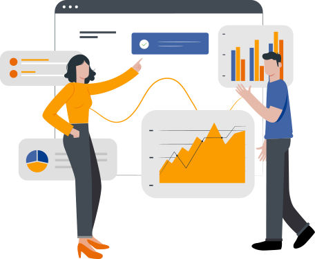 Arte de duas pessoas apontando para tela com gráficos e indicadores.