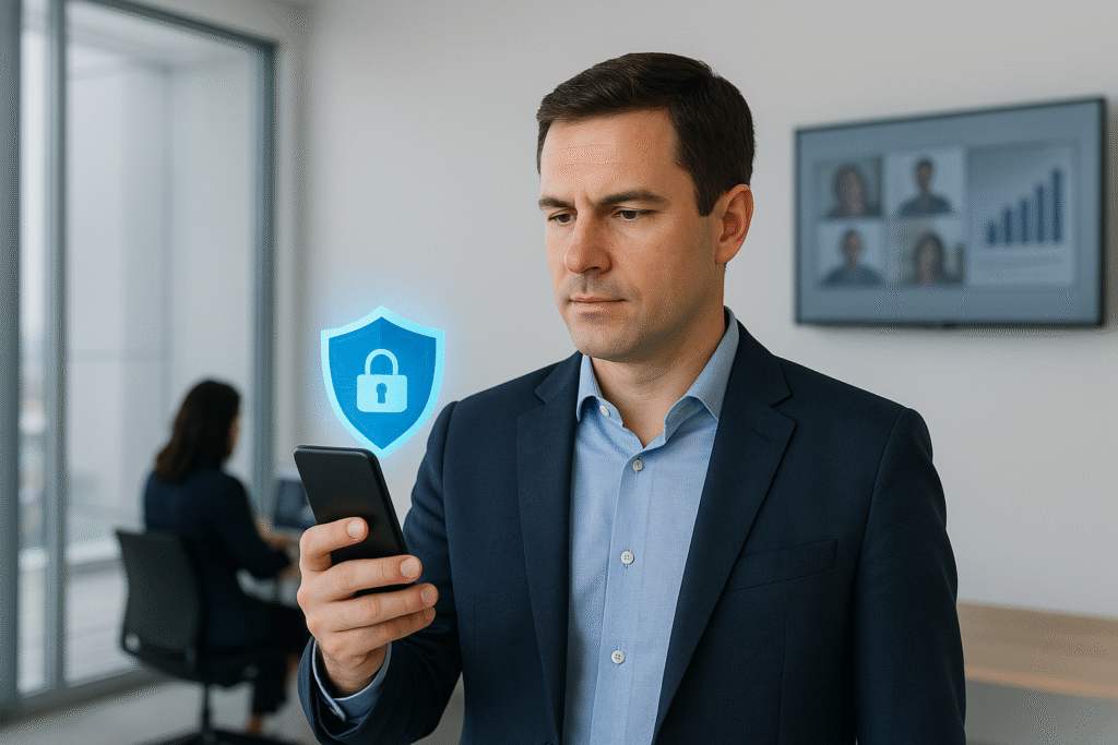Na imagem, vemos um executivo em um ambiente corporativo, segurando um smartphone com expressão séria e atenta. Um ícone digital de segurança aparece ao lado do aparelho, simbolizando a proteção de dados e o uso de soluções de gestão de dispositivos móveis. Ao fundo, outra profissional trabalha em um notebook, enquanto uma tela na parede exibe uma videoconferência e gráficos de desempenho. A cena transmite a importância da segurança da informação no ambiente corporativo e reforça a necessidade de controlar o uso de dispositivos móveis nas empresas.