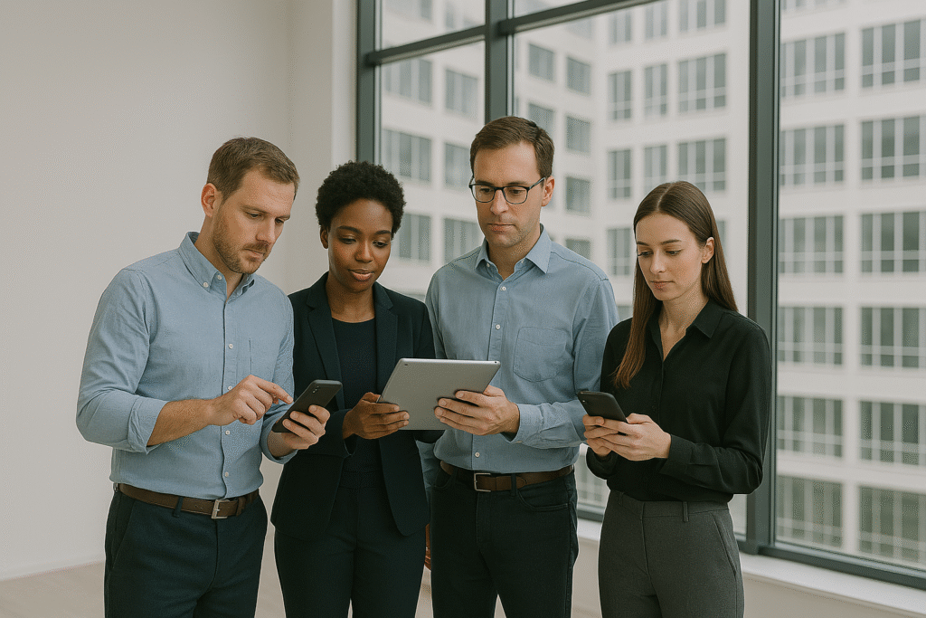 Profissionais em escritório usando smartphone e tablet, representando mobilidade corporativa, colaboração digital e gestão de dispositivos móveis nas empresas.