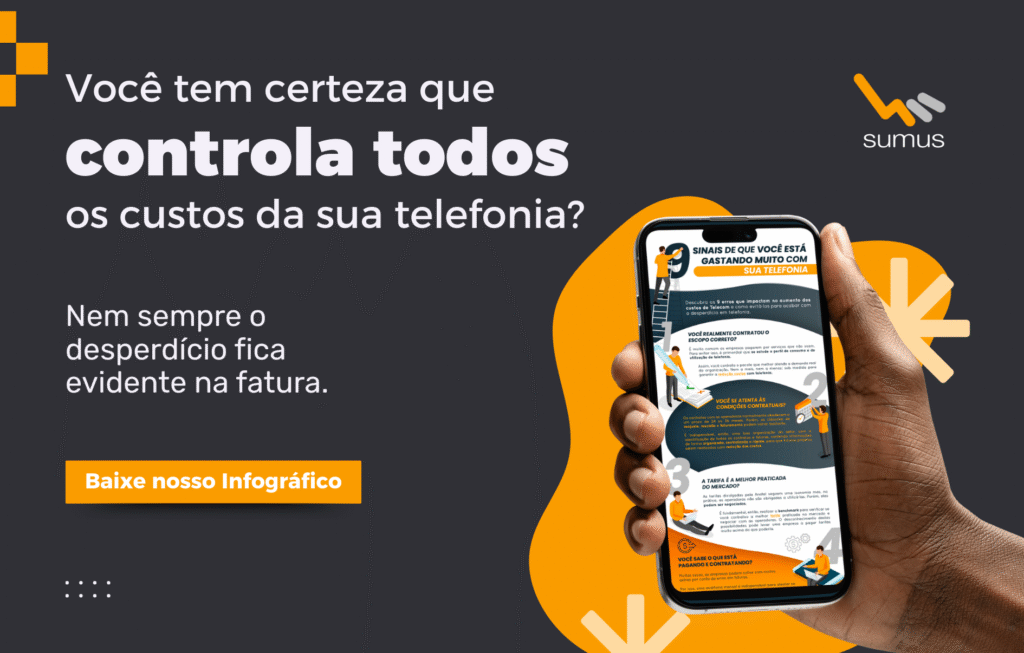 Imagem com fundo escuro destacando um celular exibindo um infográfico sobre gastos em telefonia. Texto em destaque pergunta se há controle total dos custos, alertando que desperdícios nem sempre aparecem claramente na fatura. Botão para baixar o material. Logotipo da Sumus no canto superior direito.