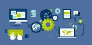 Arte com diferentes computadores e telas, engrenagem e também documentos, com as cores azul, verde e branco.
