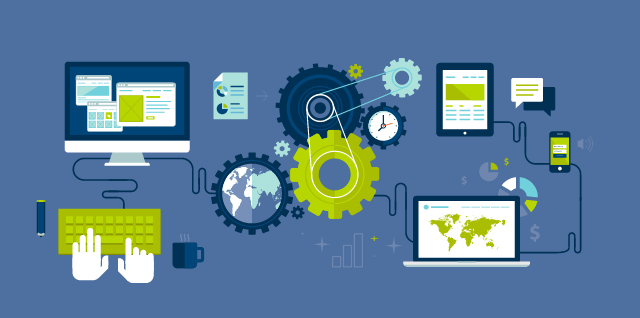 Arte com diferentes computadores e telas, engrenagem e também documentos, com as cores azul, verde e branco.